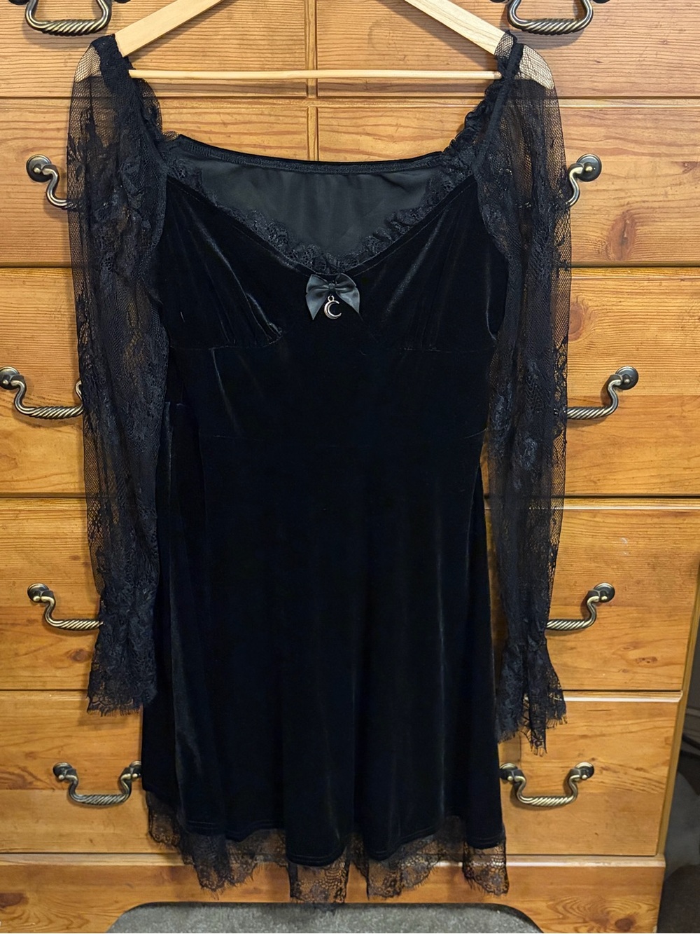 Black Velvet Dress with Lace Long Sleeves